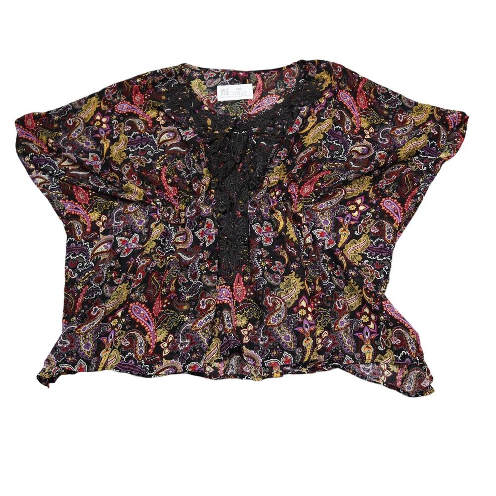 Ultra Flirt Shirt Womens L Multicolor Short Sleeve Round Neck Lace Paisley Sheer